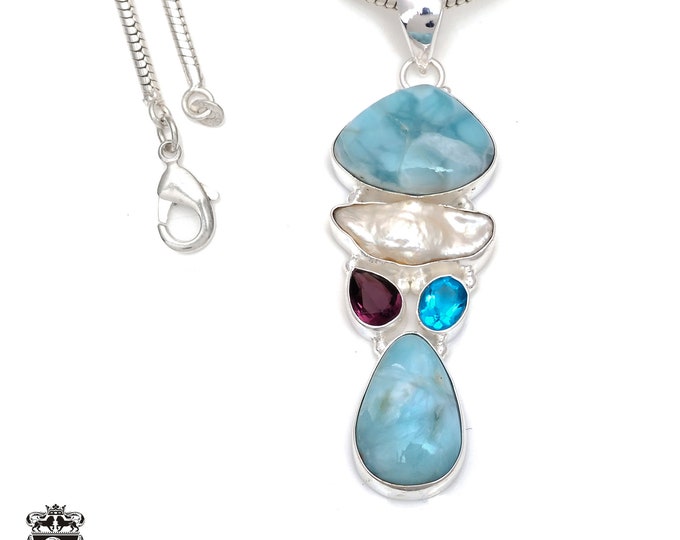 Larimar Osaka Pearl Amethyst Blue Topaz 925 Sterling Silver Pendant & 3MM Italian 925 Sterling Silver Chain Necklace P7821