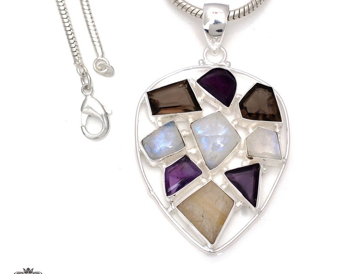 Moonstone Smokey Topaz 925 Sterling Silver Pendant & 3MM Italian 925 Sterling Silver Chain Necklace P7850