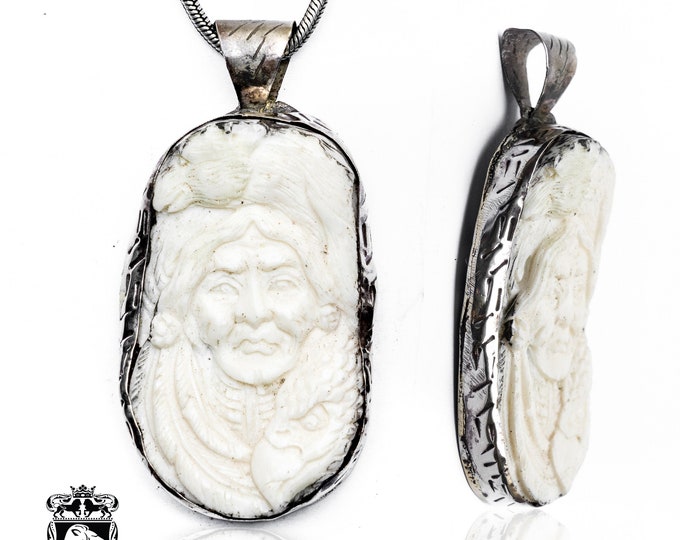 Chief Mangas Coloradas with Bear Carving Pendant & FREE 3MM Italian 925 Sterling Silver Chain N240