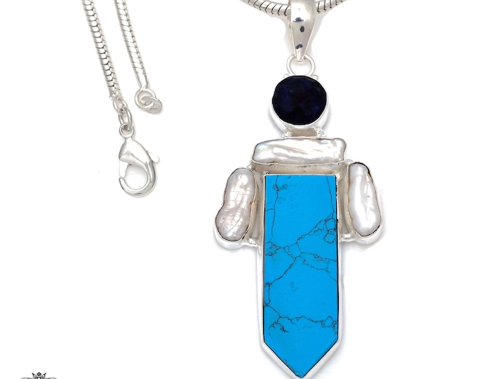 3.5 Inch Stabilized Reconstituted Turquoise Sterling Silver Pendant & FREE 3MM Italian 925 Sterling Silver Chain P7826