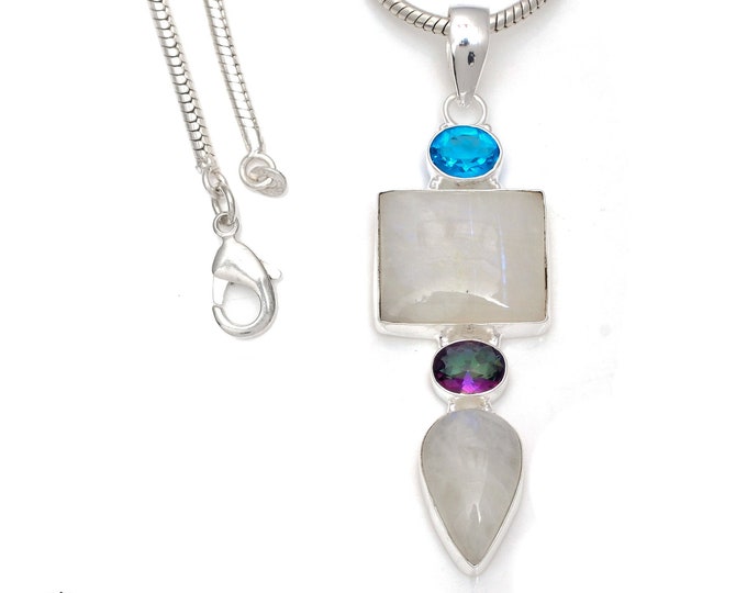 3.5 inch Moonstone 925 Sterling Silver Pendant & 3MM Italian 925 Sterling Silver Chain Necklace P7842