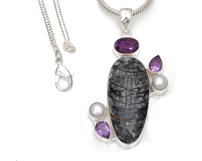 Orthoceras Fossil Amethyst 925 Sterling Silver Pendant & 3MM Italian 925 Sterling Silver Chain Necklace P7829