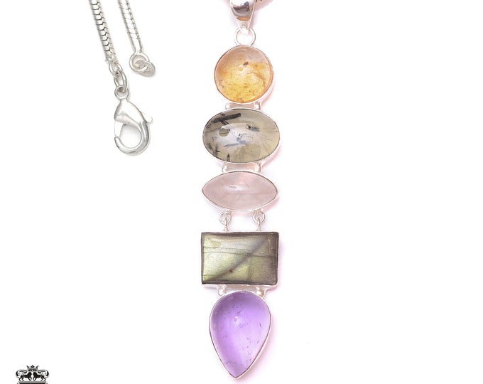 Ametrine Prehnite Citrine Chakra 925 Sterling Silver Pendant & 3MM Italian Chain P9723