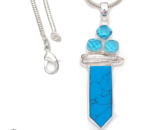 4 inch Stabilized Reconstituted Turquoise Sterling Silver Pendant & FREE 3MM Italian 925 Sterling Silver Chain P7843