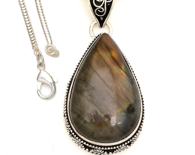 PURPLE LABRADORITE Pendant & FREE 3MM Italian 925 Sterling Silver Chain V1817