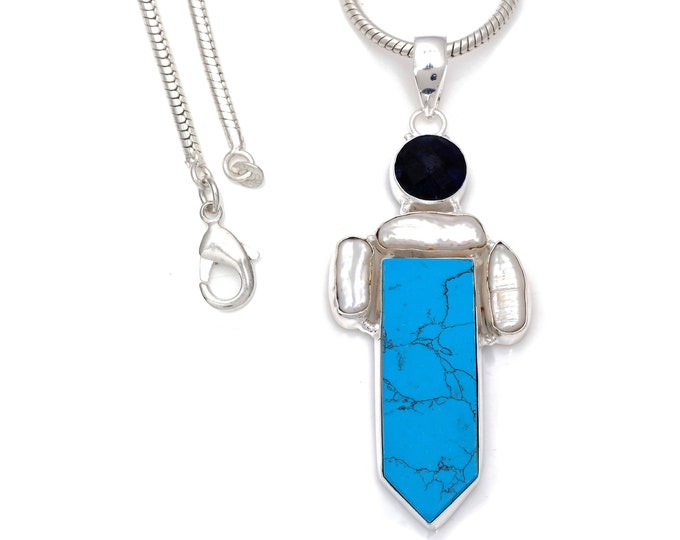 3.5 Stabilized Reconstituted Turquoise Sterling Silver Pendant & FREE 3MM Italian 925 Sterling Silver Chain P7839