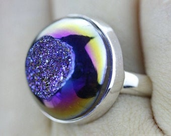 Size 7.5 TITANIUM WINDOW DRUSY Druzy Fine 925 Sterling Silver Ring (Nickel Free) r1196