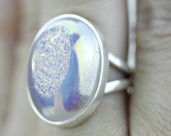 Size 5.5 TITANIUM WINDOW DRUSY Fine 925 Sterling Silver Ring (Nickel Free) r1142