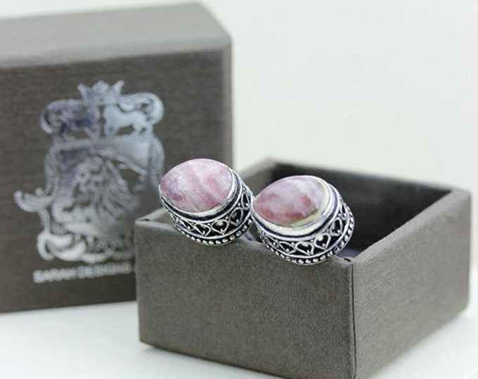 Vintage Filigree Antique 925 Sterling Silver Unisex Cufflink Men's cufflinks Rhodochrosite Vintage Cufflinks with Silver Polishing Cloth