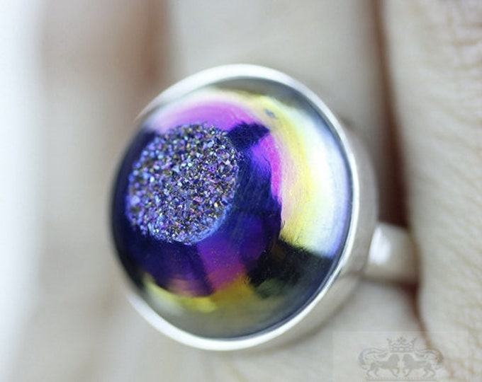 Size 8 TITANIUM WINDOW DRUSY Druzy Fine 925 Sterling Silver Ring (Nickel Free) r1179