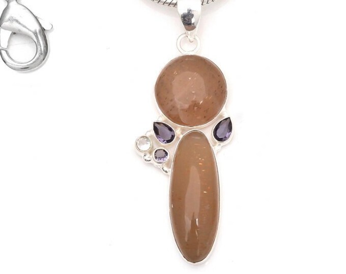 3 Inch Clear Topaz Peach Moonstone Necklace 925 Sterling Silver Pendant & 3MM Italian 925 Sterling Silver Chain P9078