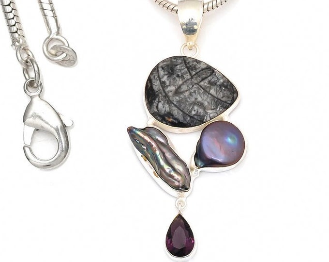 Orthoceras Pearl Garnet Amethyst Necklace 925 Sterling Silver Pendant & 3MM Italian 925 Sterling Silver Chain P9096