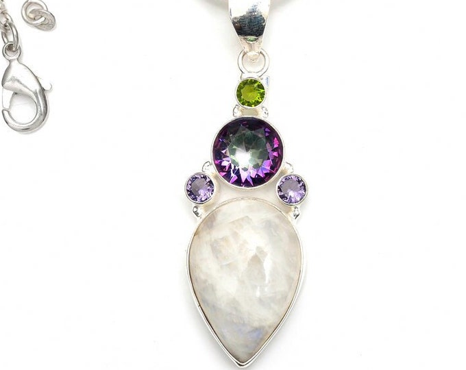 Moonstone Mystic Topaz Peridot 925 Sterling Silver Pendant & 3MM Italian 925 Sterling Silver Chain P9385