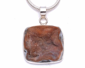 Agate GEODE Drusy Fine 925 975 Sterling Silver Pendant + Snake Chain P6291