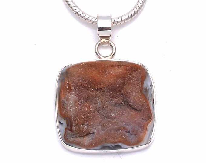 Agate GEODE Drusy Fine 925 Sterling Silver & FREE 3MM Itallian Chain Sterling Silver Pendant P6291