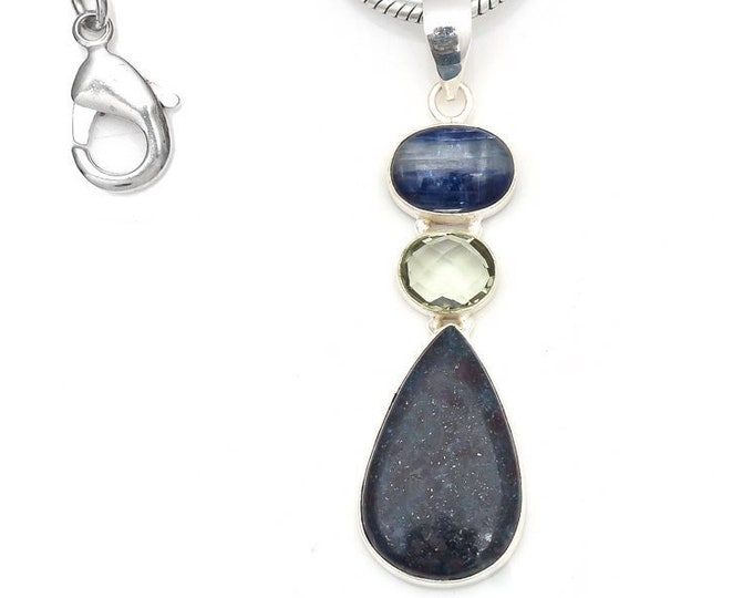 3 Inch Kyanite Prasiolite Lapis Necklace 925 Sterling Silver Pendant & 3MM Italian 925 Sterling Silver Chain P9080