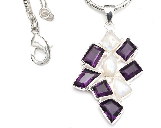 Moonstone Amethyst 925 Sterling Silver Pendant & 3MM Italian 925 Sterling Silver Chain P9207