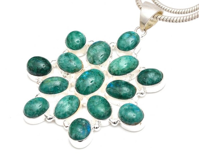 Green Moonstone 925 Sterling Silver Pendant & 3MM Italian 925 Sterling Silver Chain P9200