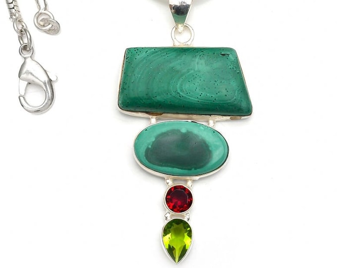 Malachite Peridot Garnet 925 Sterling Silver Pendant & 3MM Italian 925 Sterling Silver Chain P9378