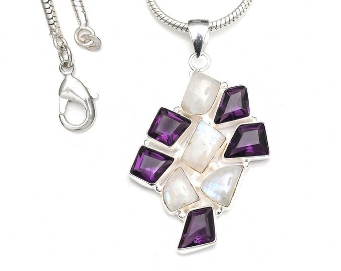 Moonstone Amethyst 925 Sterling Silver Pendant & 3MM Italian 925 Sterling Silver Chain P9209