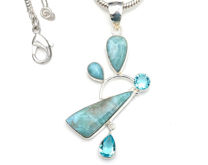 Larimar Swiss Blue Topaz 925 Sterling Silver Pendant & 3MM Italian 925 Sterling Silver Chain P9358