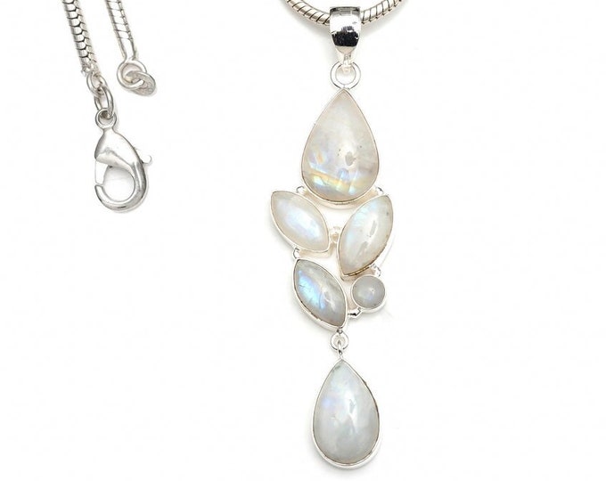 Rianbow Moonstone 925 Sterling Silver Pendant & 3MM Italian 925 Sterling Silver Chain P9375