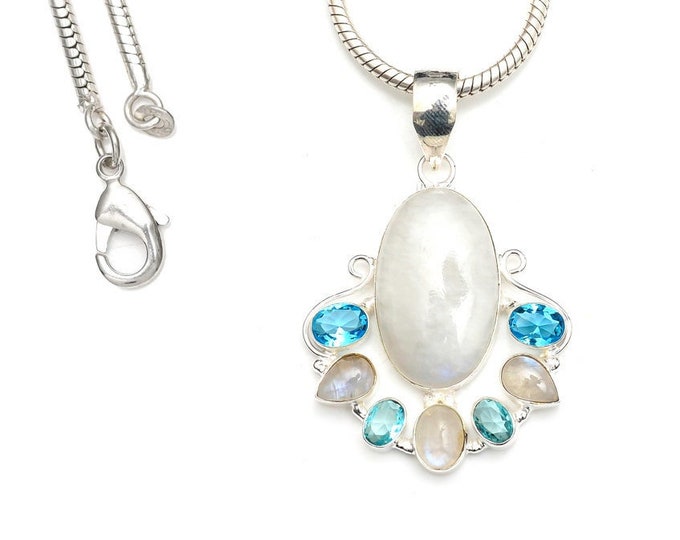 Rainbow Moonstone Blue Topaz Pendant & 3MM Italian 925 Sterling Silver Chain P9296