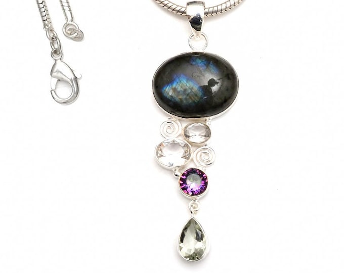 Labradorite Prasiolite Mystic Topaz 925 Sterling Silver Pendant & 3MM Italian 925 Sterling Silver Chain P9371