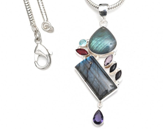 Labradorite Amethyst Garnet 925 Sterling Silver Pendant & 3MM Italian 925 Sterling Silver Chain P9191