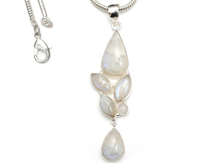 Rainbow Moonstone 925 Sterling Silver Pendant & 3MM Italian 925 Sterling Silver Chain P9374