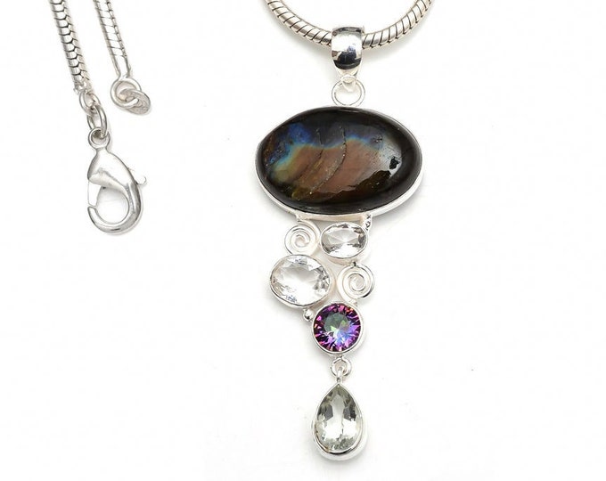 Labradorite 925 Sterling Silver Pendant & 3MM Italian 925 Sterling Silver Chain P9373