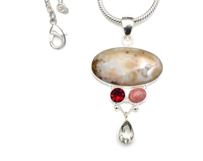 Ocean Jasper Garnet 925 Sterling Silver Pendant & 3MM Italian 925 Sterling Silver Chain P9273