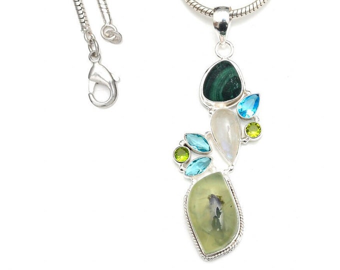 Prehnite Moonstone Malachite Peridot 925 Sterling Silver Pendant & 3MM Italian 925 Sterling Silver Chain P9362