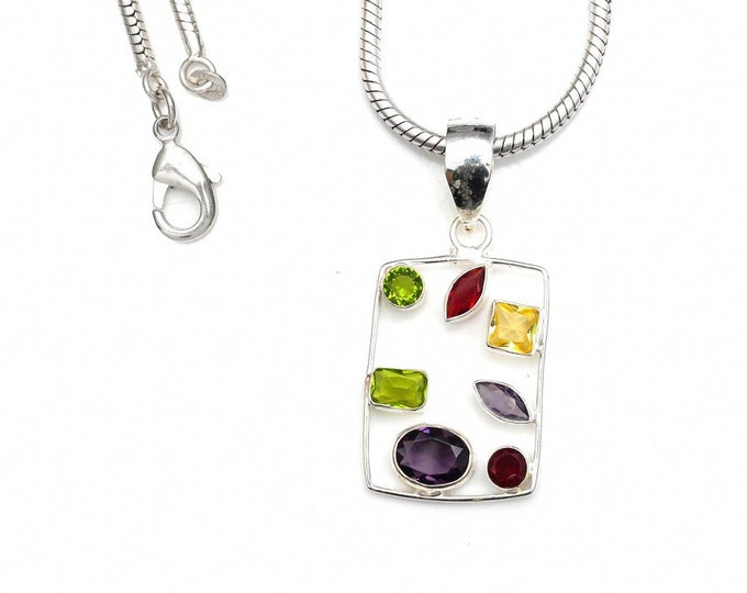 Peridot Citrine Amethyst 925 Sterling Silver Pendant & 3MM Italian 925 Sterling Silver Chain P9279