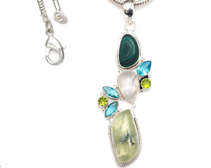 Malachite Moonstone Prehnite Peridot 925 Sterling Silver Pendant & 3MM Italian 925 Sterling Silver Chain P9364