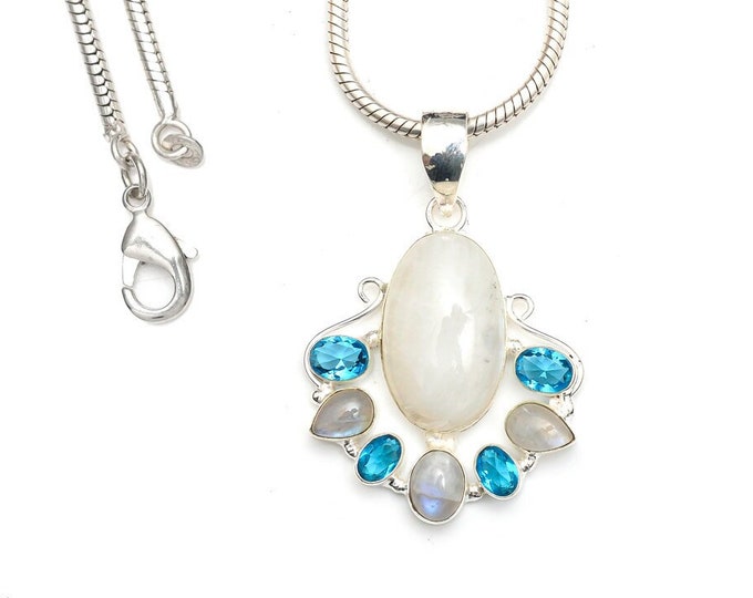 Rainbow Moonstone Blue Topaz 925 Sterling Silver Pendant & 3MM Italian 925 Sterling Silver Chain P9297