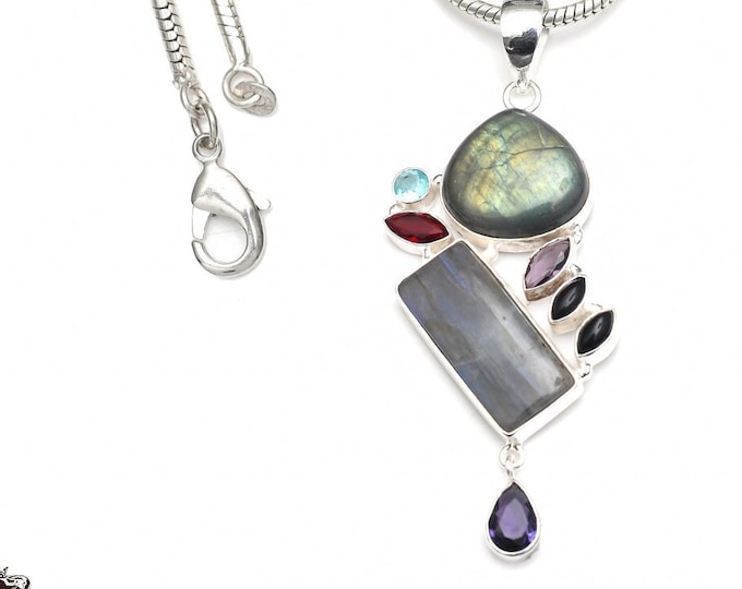 Labradorite Amethyst 925 Sterling Silver Pendant & 3MM Italian 925 Sterling Silver Chain P9189