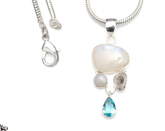 Moonstone Herkimer Diamond 925 Sterling Silver Pendant & 3MM Italian 925 Sterling Silver Chain P9241