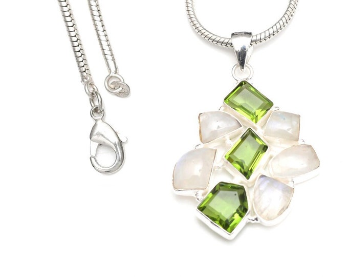 Moonstone Peridot 925 Sterling Silver Pendant & 3MM Italian 925 Sterling Silver Chain P9187