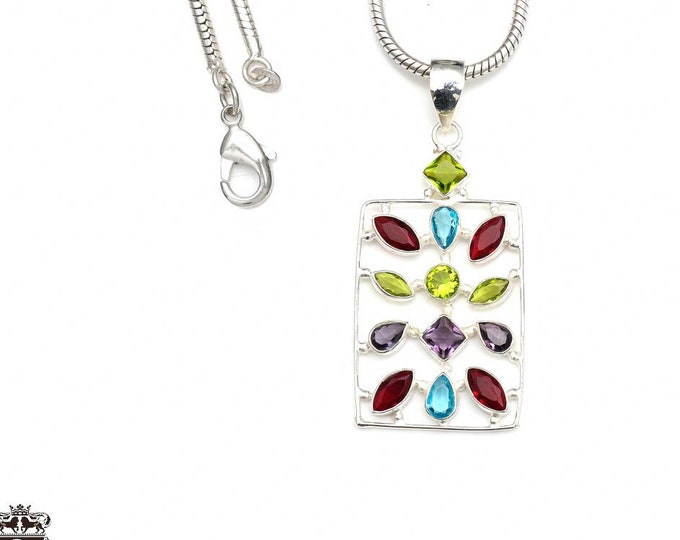 Peridot Citrine Garnet 925 Sterling Silver Pendant & 3MM Italian 925 Sterling Silver Chain P9271a