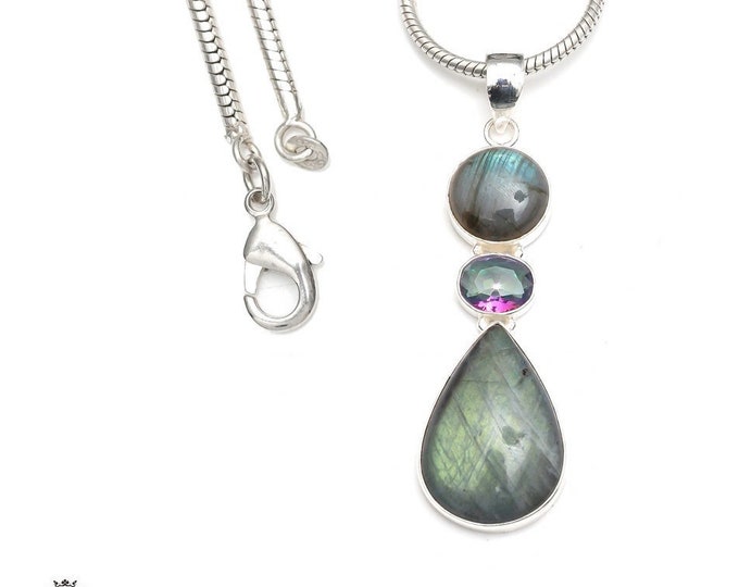 Labradorite 925 Sterling Silver Pendant & 3MM Italian 925 Sterling Silver Chain P9197