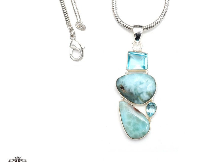 Larimar Blue Topaz 925 Sterling Silver Pendant & 3MM Italian 925 Sterling Silver Chain P9276