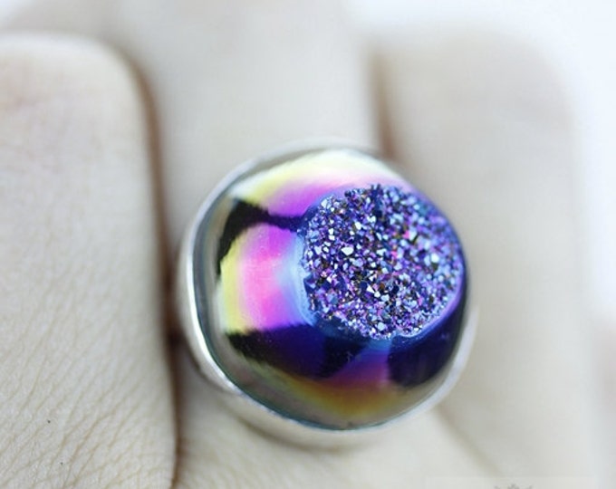 Size 7 TITANIUM WINDOW DRUSY Druzy Fine 925 Sterling Silver Ring (Nickel Free) r1410