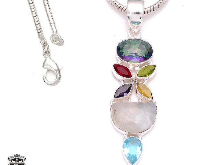 Moonstone Multi-Stone 925 Sterling Silver Pendant & 3MM Italian 925 Sterling Silver Chain P8011