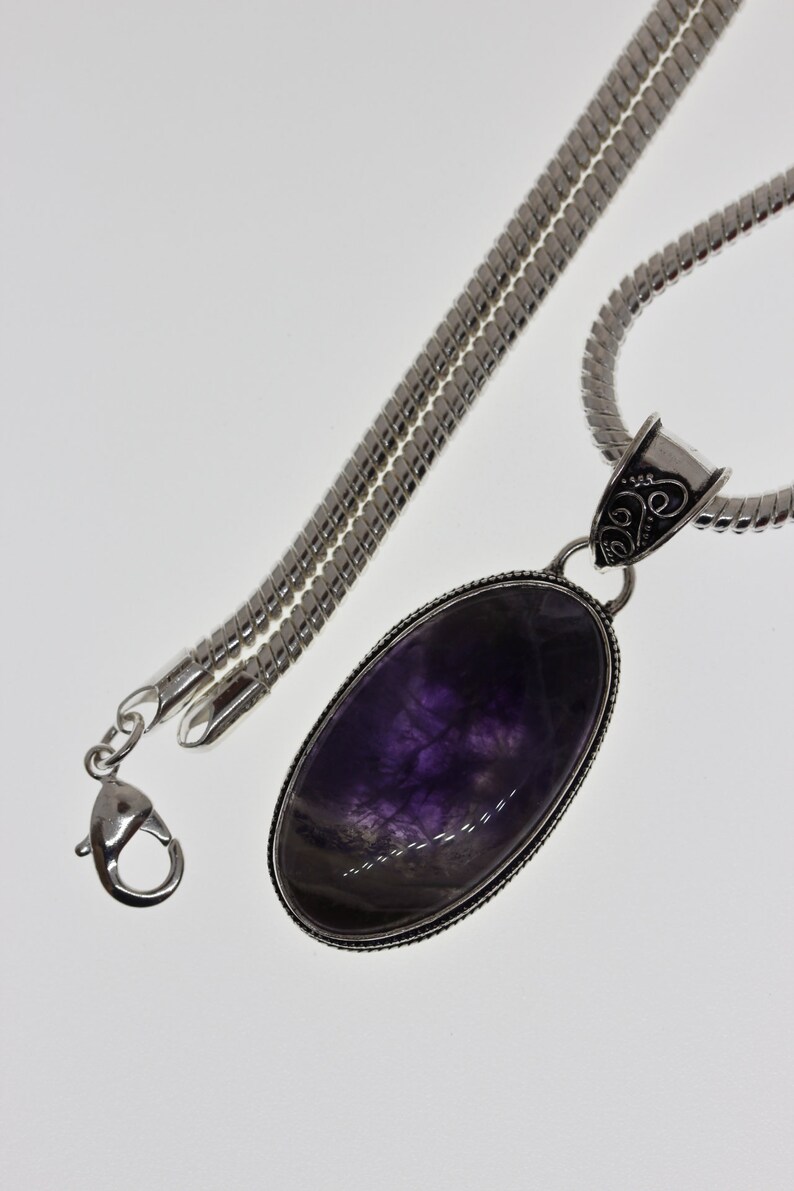 CHEVRON Amethyst VINTAGE style Setting 925 Sterling Silver Pendant 4MM Italian Snake Chain P2234