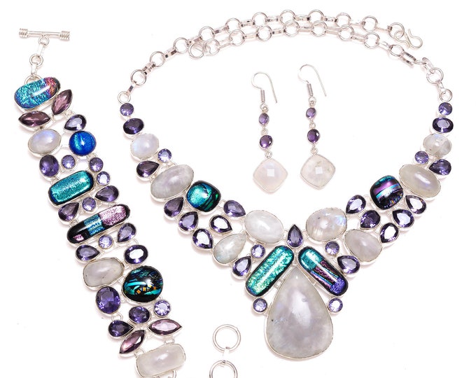 Bold! Moonstone Dichroic Glass Fine 925 Sterling Silver Necklace Bracelet Dangle & Drop Earrings SET1091