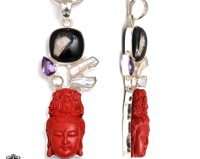 Meditation Zen Kwan Yin Guan Yin Black Onyx Carving Pendant FREE 3MM Italian Snake Chain P9131