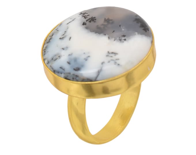 Size 8.5 - Size 10 Dendritic Opal Merlinite Ring Meditation Ring 24K Gold Ring GPR1483