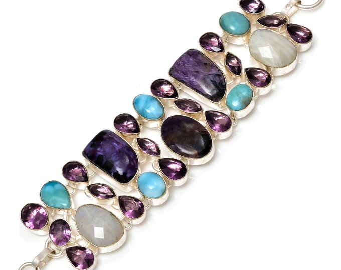 Charoite Amethyst Amethyst Larimar 925 Sterling Silver Bracelet B3895