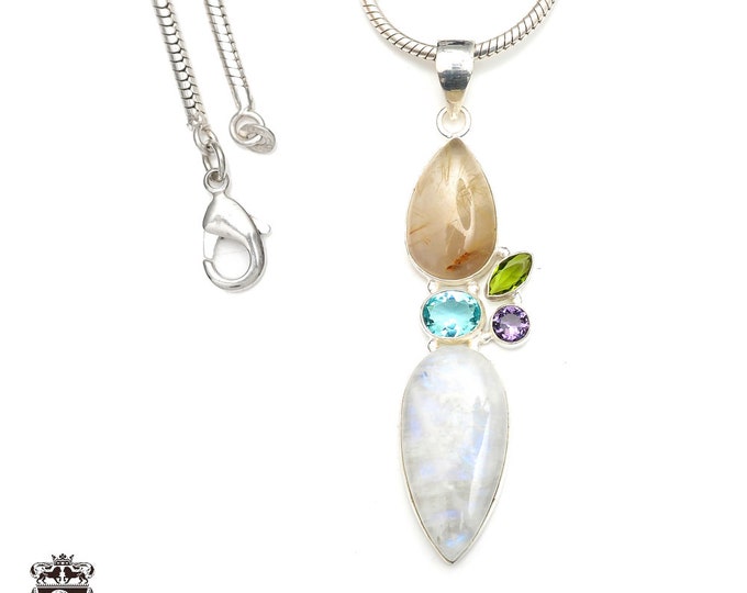 Moonstone Rutilated Quartz 925 Sterling Silver Pendant & 3MM Italian 925 Sterling Silver Chain P9309